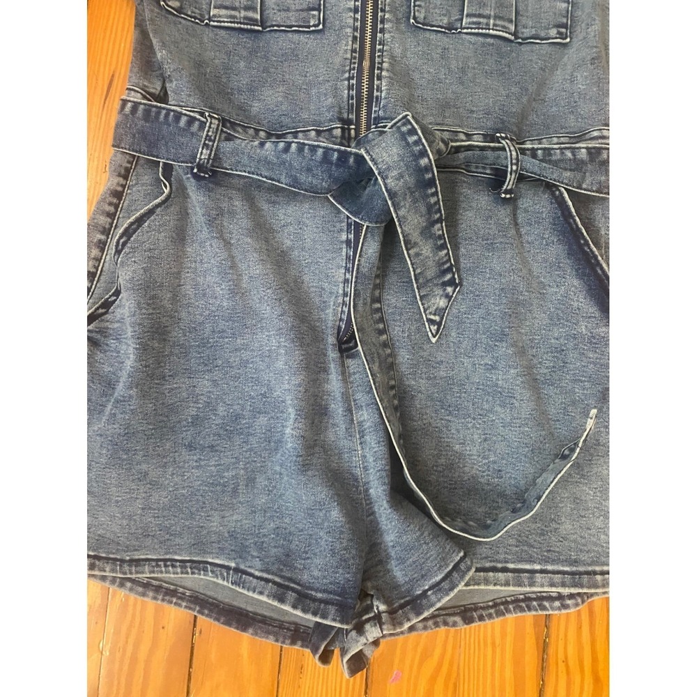 Justify Womens Denim Romper Medium Wash Zip Front Tie Waist Short Sleeve XL - Picture 8 of 10